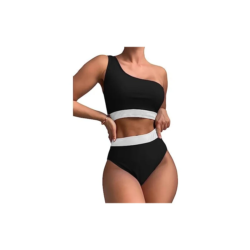 Costume 2 Pezzi Donna Floerns - Tankini Monospalla Con Inserti In Rete A Contrasto - Nero - Taglie S M L XL - 3