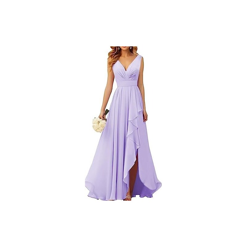 YIANN Abito da damigella d'onore da donna con spalle scoperte con fessura increspato una linea in chiffon abito da sera formale, Azzurro, 42