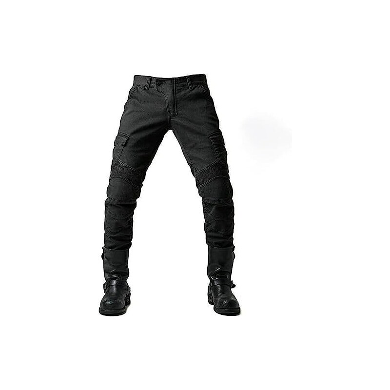 JICAIXIAYA Pantaloni protettivi da moto, da uomo, in kevlar traspirante e  resistente all'usura, con 2 paia di protezioni rimovibili per fianchi e  ginocchia, stile jeans (nero, XL) 