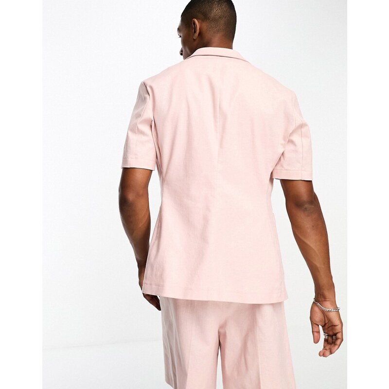 ASOS DESIGN - Giacca da abito a maniche corte in misto lino rosa