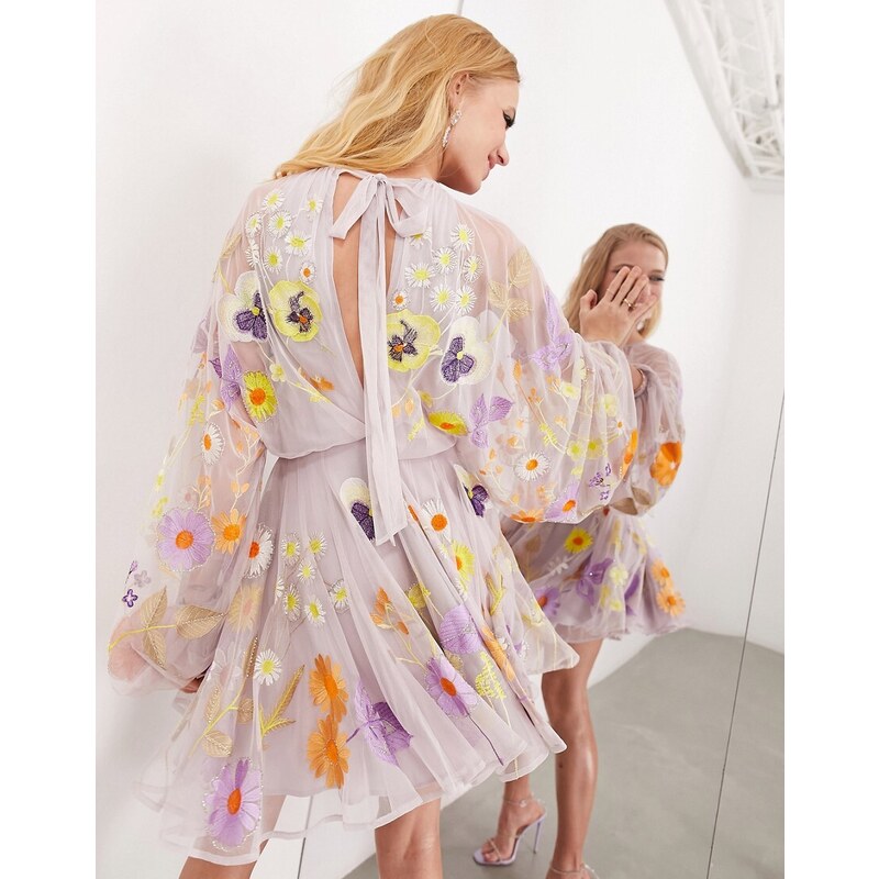 ASOS Edition - Vestito corto in rete lilla con viole ricamate e perline-Viola