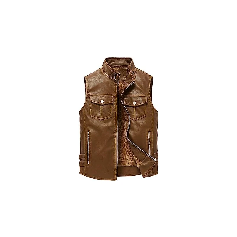 Gilet In Vera Pelle Uomo MDM - Stile Vintage Con Fibbie E Tascabili