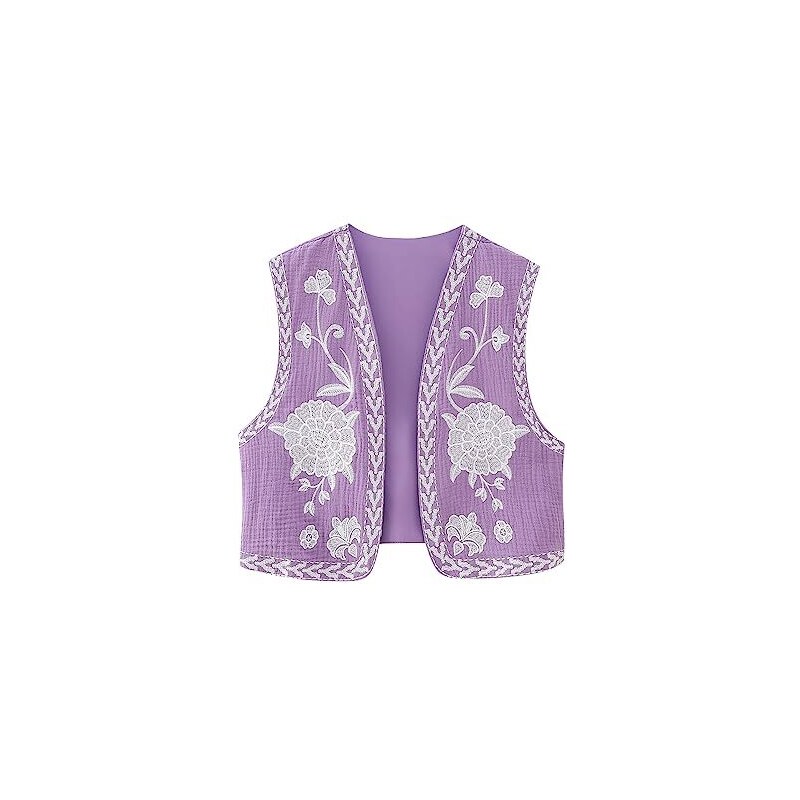 ELizoop Gilet senza maniche con ricamo floreale aperto sul davanti