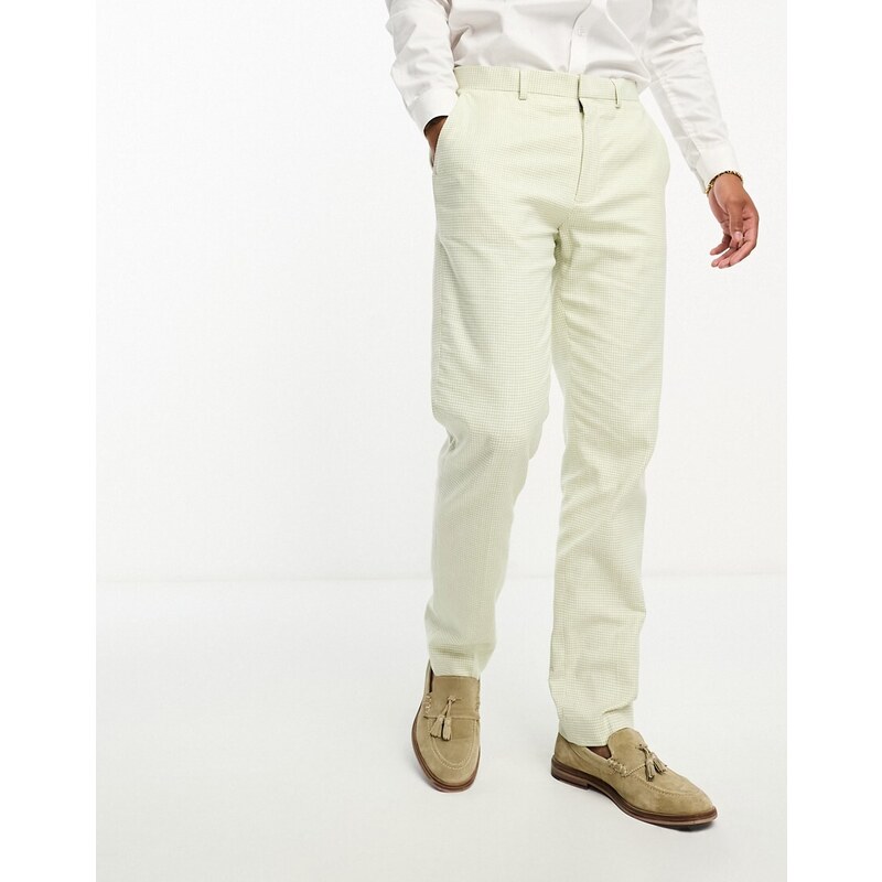 ASOS DESIGN - Pantaloni da abito slim verdi in lino con motivo pied de poule-Verde