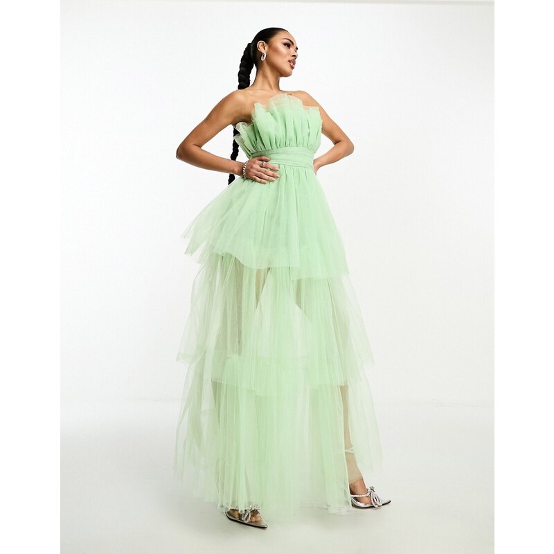 Lace & Beads - Vestito lungo a fascia in tulle verde mela con fondo asimmetrico