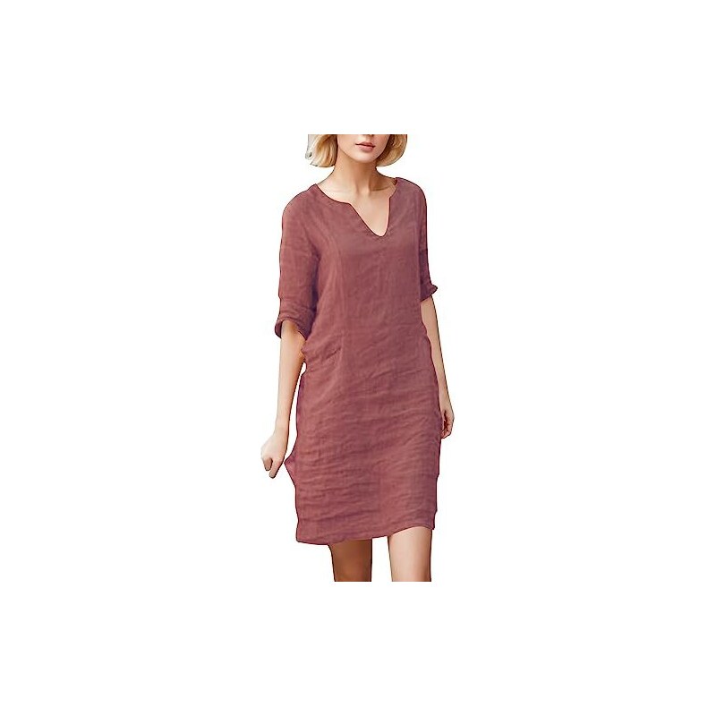 Abito estivo da donna, lunghezza al ginocchio, a tunica, con scollo rotondo, a maniche corte, a vita alta, da spiaggia, stile bohémien, tinta unita, elegante, linea ad A, orlo da donna, Nero