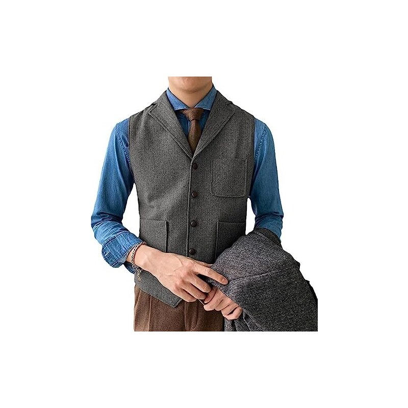 Gilet da uomo in tweed retrò, in lana, a spina di pesce, slim fit, scollo