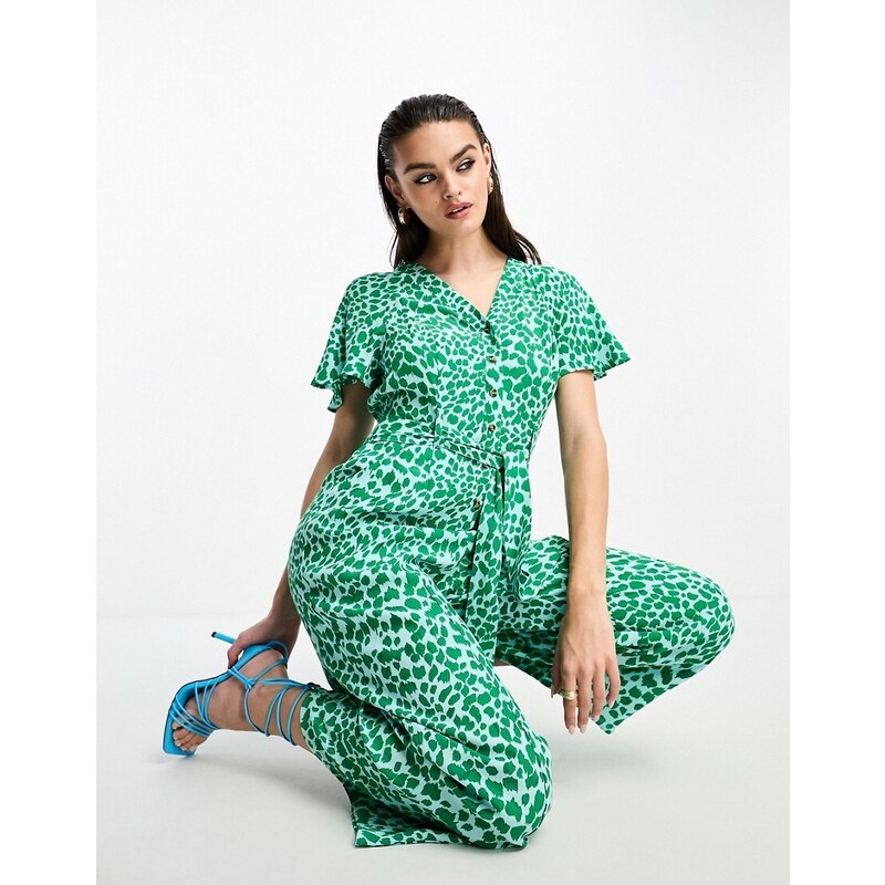 Whistles Tuta jumpsuit verde leopardata arricciata