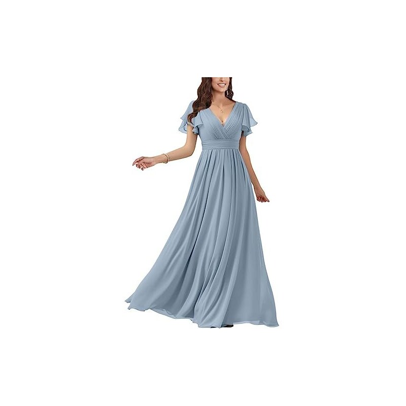 Abito Da Damigella D'Onore In Chiffon Con Maniche A Piega E Scollo A V – Colore Borgogna, Taglia 50 – Lungo Fino Al Pavimento - 3