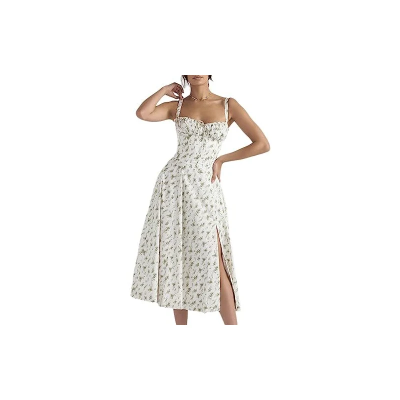 Abito estivo da donna, senza maniche, stile boho estivo, da spiaggia, bohémien, da spiaggia, da spiaggia, da festa, con stampa floreale, bianco, S