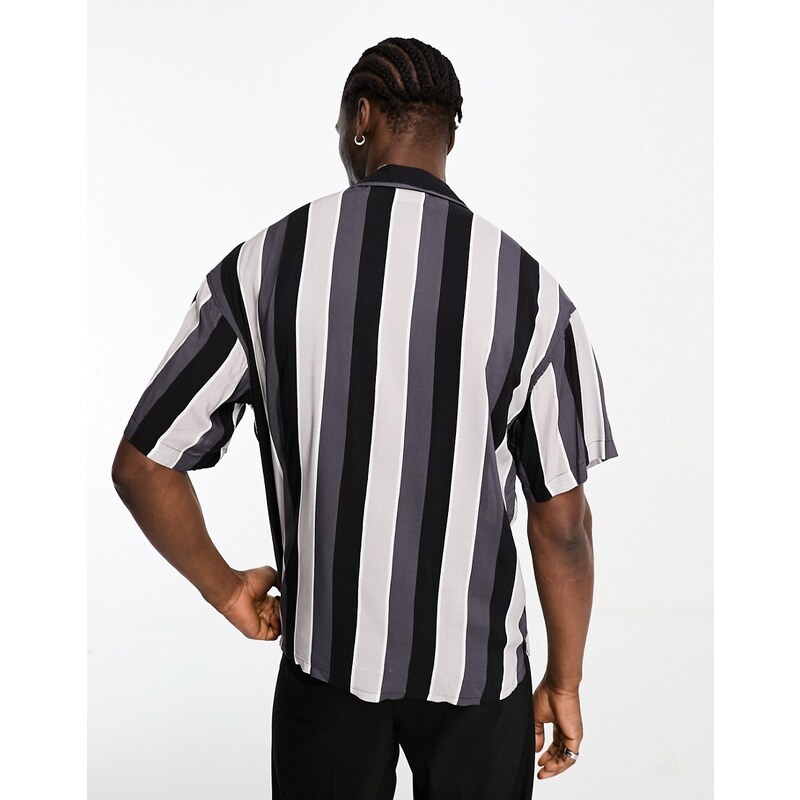 ADPT - Camicia oversize nera con righe verticali tono su tono-Nero