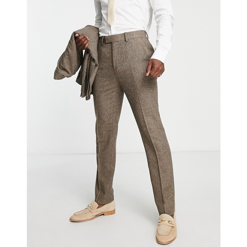 Topman - Pantaloni da abito slim in caldo misto lana marrone con motivo spigato