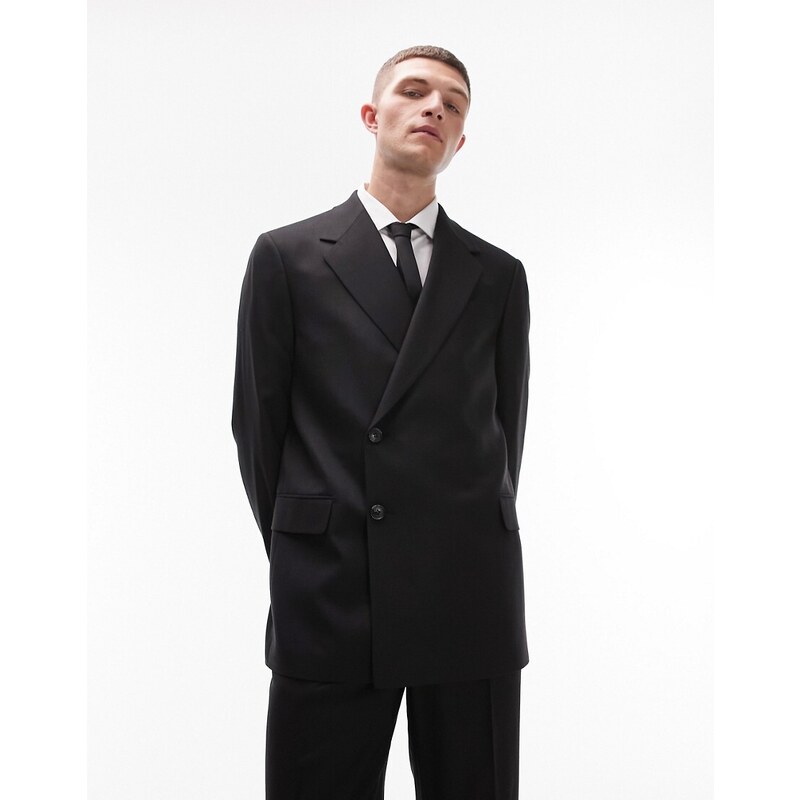 Topman - Giacca da abito doppiopetto modern fit nera con due bottoni-Nero