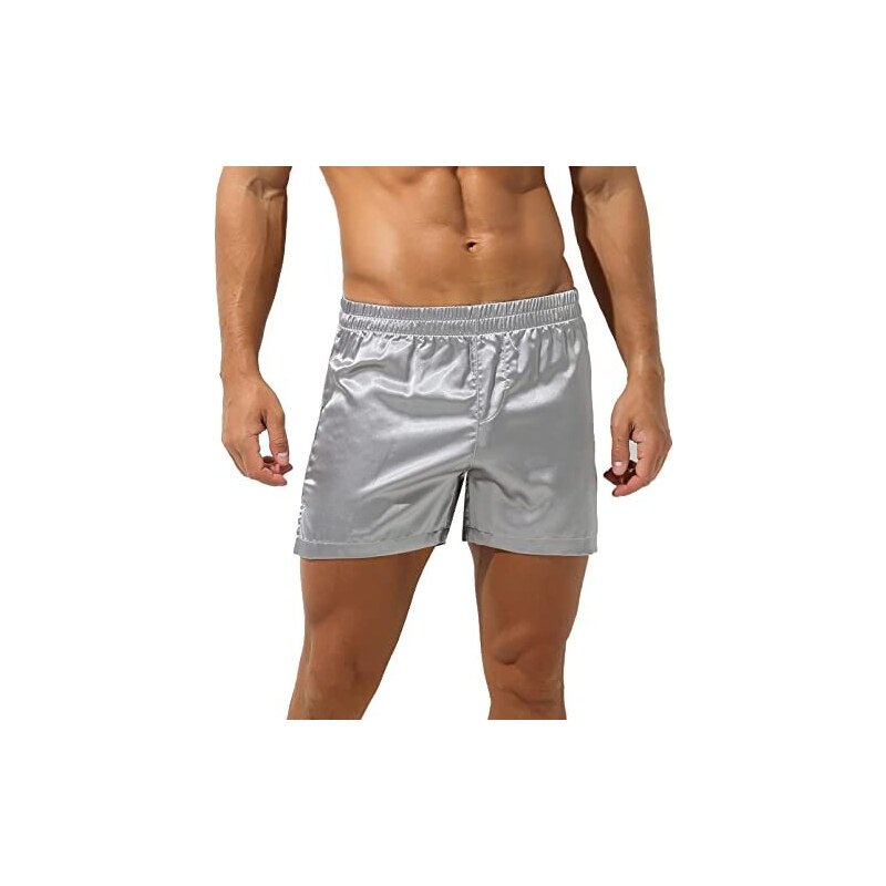 inhzoy Pantaloncini da Pigiama Uomo Raso Pantaloni Corti Pigiama Shorts Pantalone Corto Estivo in Tinta Unita Boxer Brief Abbigliamento da Notte Casual e Confortevole Grigio S