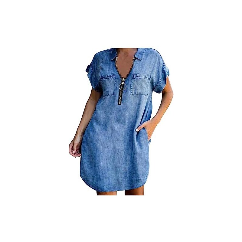 Abito Estivo In Lino Donna - Scollo A V, Maniche Corte, Linea A Con Tasche - Colore Blu, Taglia L