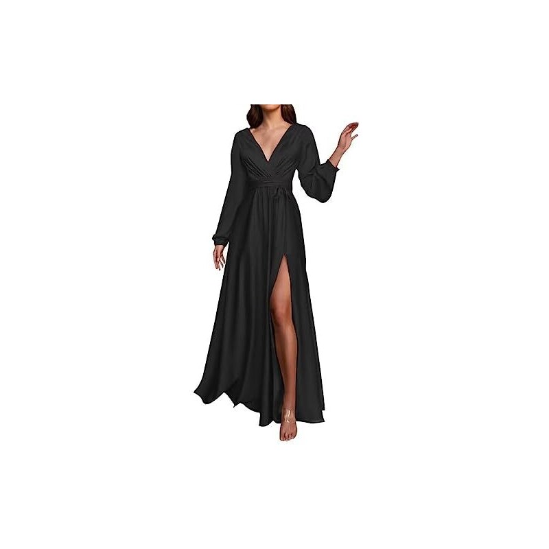 Abito Lungo Da Damigella D'onore In Chiffon – Scollo A V, Spacco, Maniche Corte, Tasche – Personalizzabile – C077 WSEYU