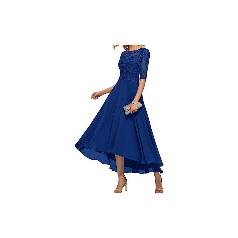 Abito Da Madre Della Sposa In Chiffon E Pizzo - Scollo A V, Maniche 3/4, Formale Per Cerimonie - Foto 5