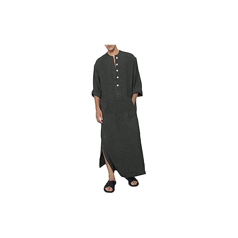 YAOHUOLE Herren-Kaftan Aus Baumwolle-Leinen – Langer Thobe Mit Seitenschlitzen & Taschen (Schwarz, XL)