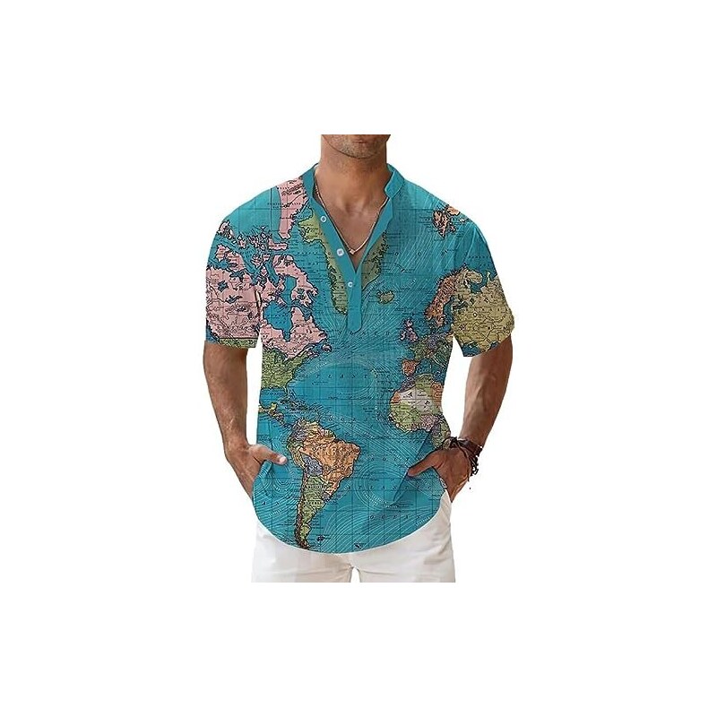 Camicia Henley Uomo Maniche Corte, Casual Chic In Puro Cotone, Colletto Alla Coreana