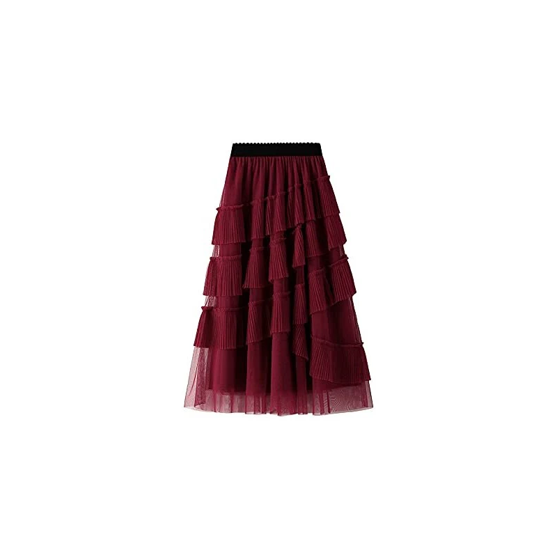 Gonna Donna Satinata Pieghe A-Line Vita Alta Midi Elegante - Multicolor