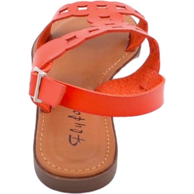 Malu Shoes Sandalo basso donna rosso corallo con chiusura fibbia alla caviglia fascetta forata a t basic fondo morbido comodi
