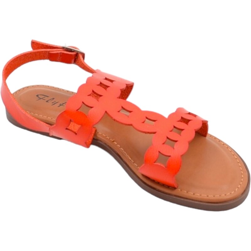 Malu Shoes Sandalo basso donna rosso corallo con chiusura fibbia alla caviglia fascetta forata a t basic fondo morbido comodi