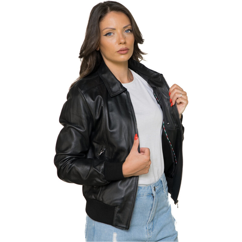 Leather Trend Cloe - Bomber Donna Nero in vera pelle