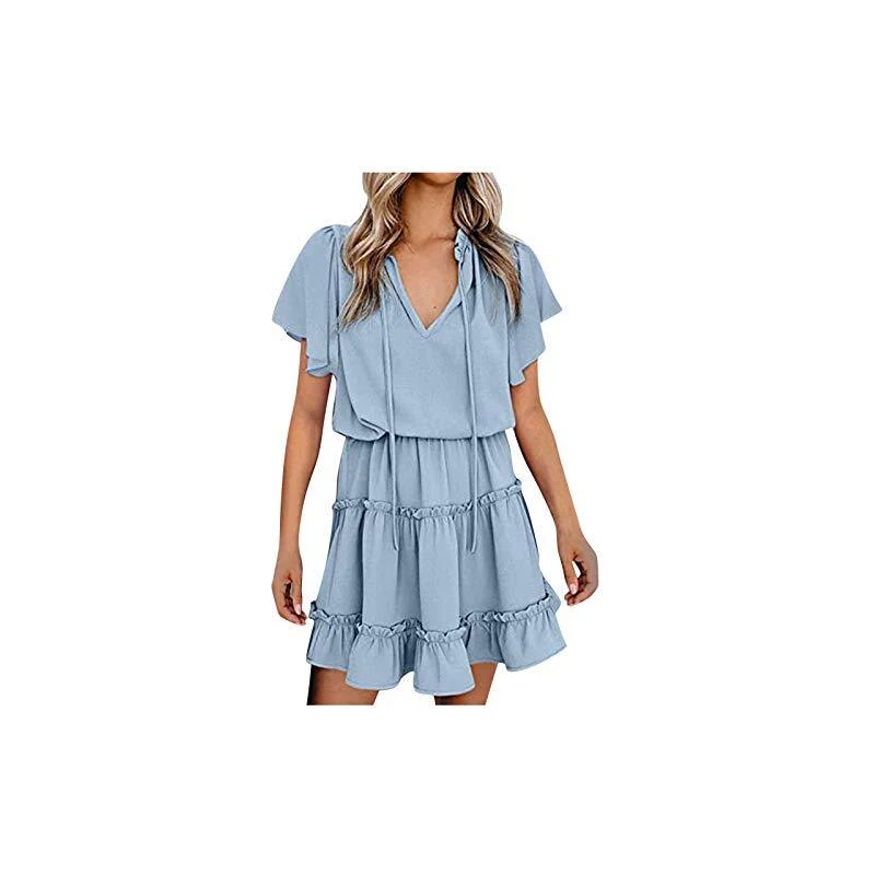 Top estivo da donna a maniche corte tinta unita casual allentato lino top casual da donna estate, Azzurro, S