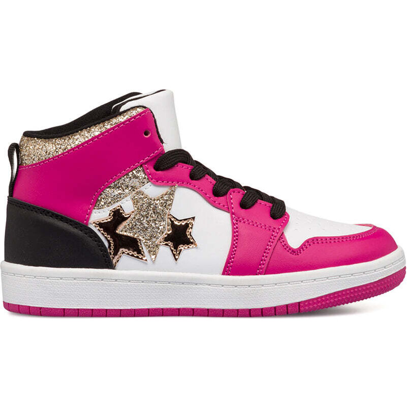 Sneakers alte fucsia, nere e bianche da bambina con glitter e stelle sul lato Le scarpe di Alice