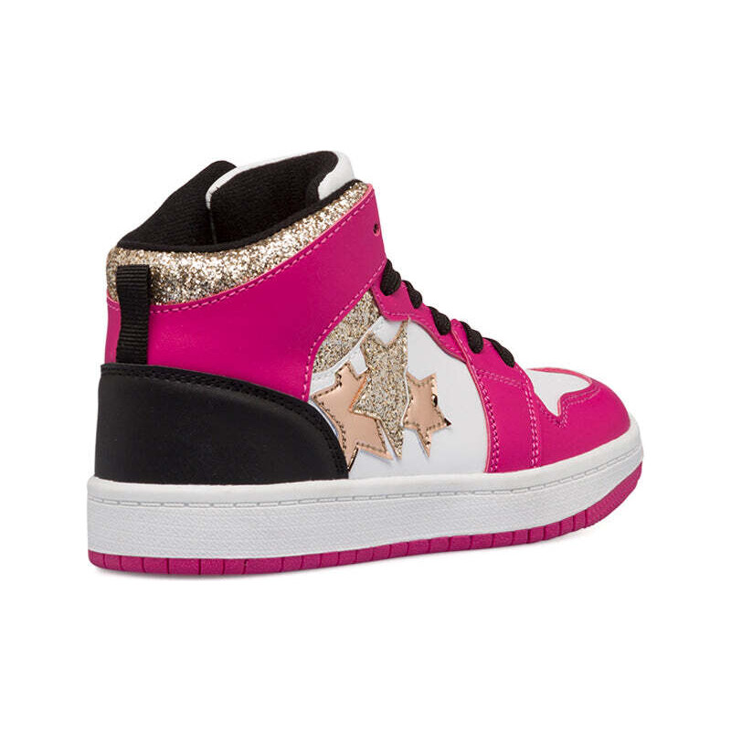 Sneakers alte fucsia, nere e bianche da bambina con glitter e stelle sul lato Le scarpe di Alice
