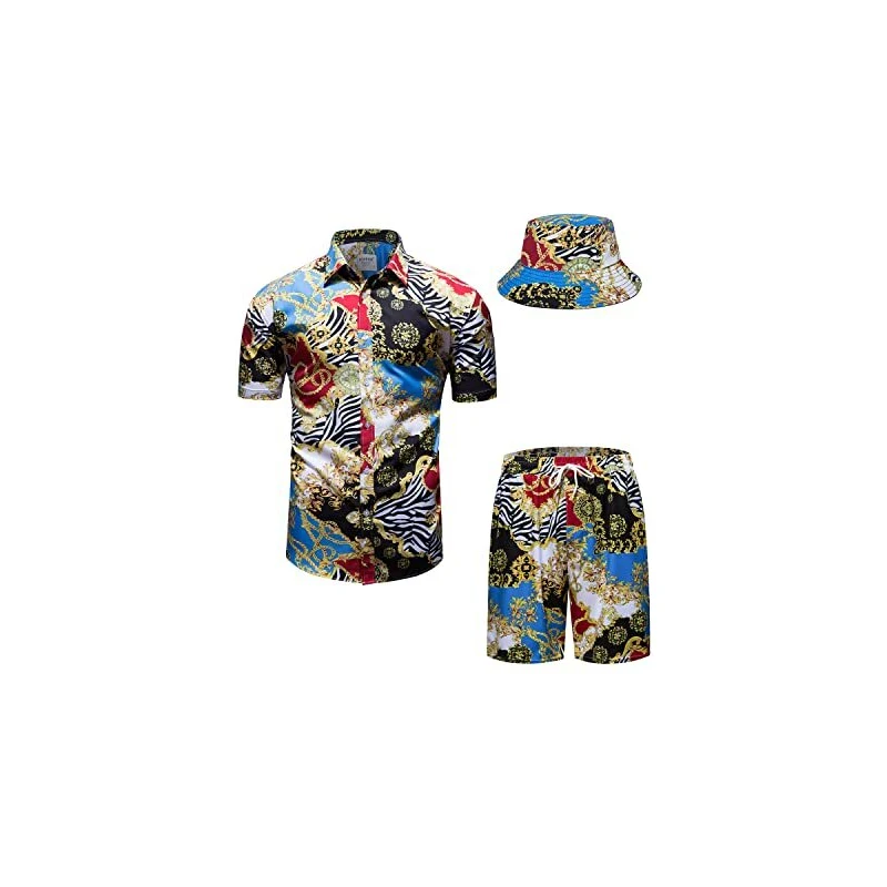 Completo Uomo 2 Pezzi Con Camicia E Pantaloncini - Giallo Anatra, Stampa Hawaiana, Con Cappello A Secchiello, Leggero E Asciugatura Rapida, Taglia X-Large - 3