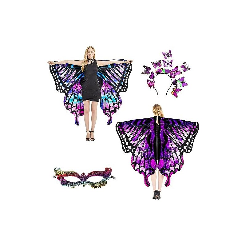 plainshe Set di 3 mantelli a farfalla con stampa su entrambi i lati, ali  delle fate per adulti, costumi di Halloween da donna, con motivo a farfalla,  Doppio lato 6, 22 