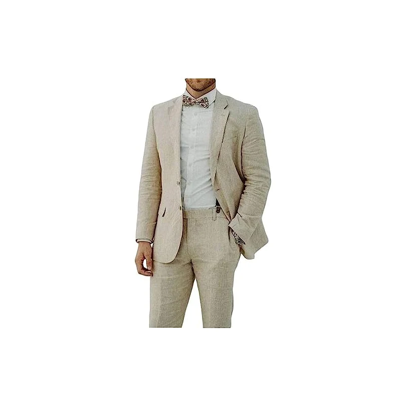 Abito di lino marrone tre pezzi con camicia bianca aperta