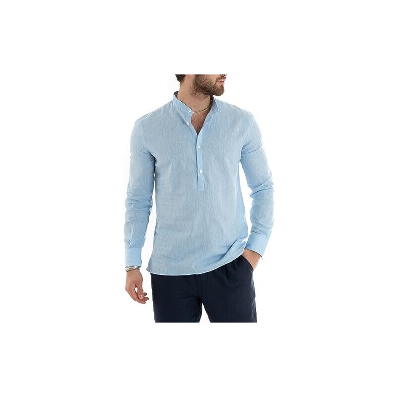 Tomwell Camicia Uomo Lino Manica Lunga Camicie Uomo Maniche Lunga Slim con Bottoni sul Colletto Magliette Coreana T Shirt Estive Maglietta Mare Cachi
