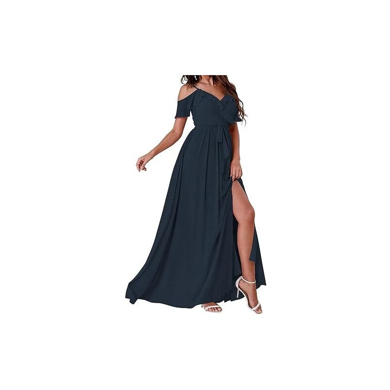 YIANN Abiti da damigella d'onore lunghi con scollo a V con fessura chiffon una linea increspatura abiti da ballo con tasche YIA025, Blush, 62 Più