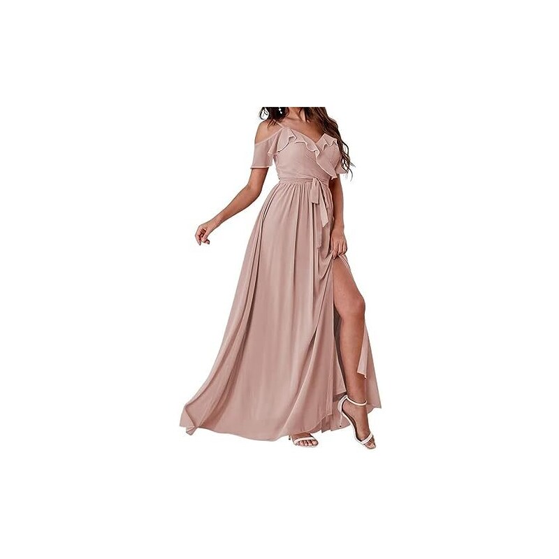 YMSHA Abito Lungo Da Damigella D'Onore Plus Size – Spalle Scoperte, Pieghettato, Con Tasche E Spacco, Chiffon, Taglie Forti - 4