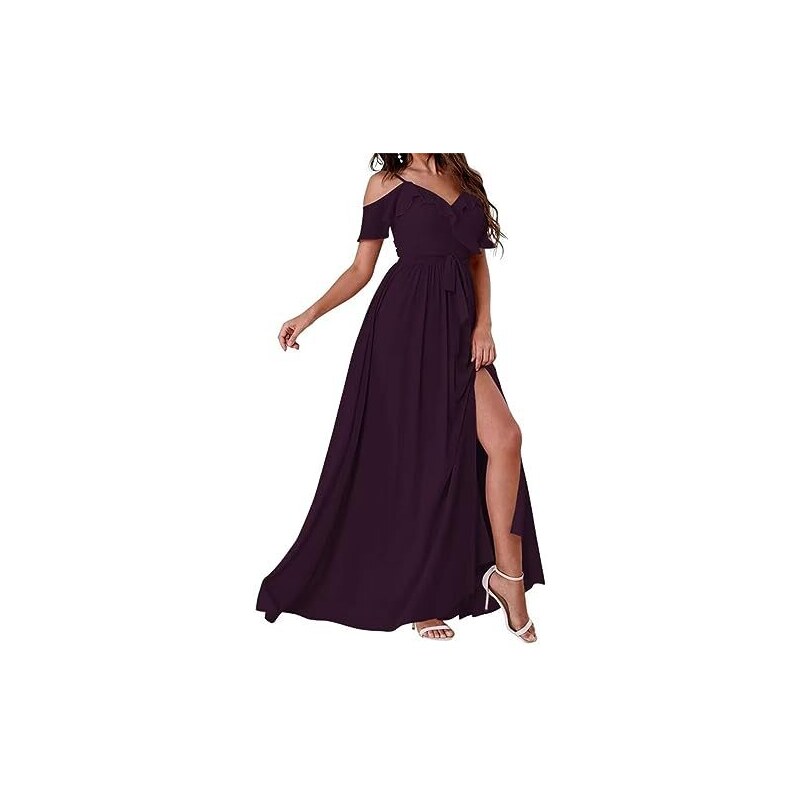 Abiti da damigella d'onore in chiffon a maniche lunghe da donna con spacco alto in vita impero abiti da festa formale con pieghe, Arancione bruciato, 44