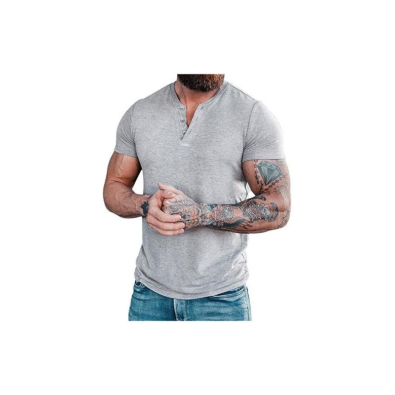 Maglietta Uomo Henley Manica Corta - In Cotone Elastico, Scollo A V Con Bottone - Foto 4