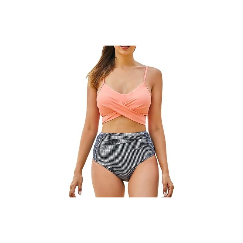 Bikini sexy da donna, con push up, bikini da donna, sportivo, in due pezzi, costume da bagno con contrasto, sexy, perizoma a tinta unita, con supporto arricciato, a vita alta, bikini a