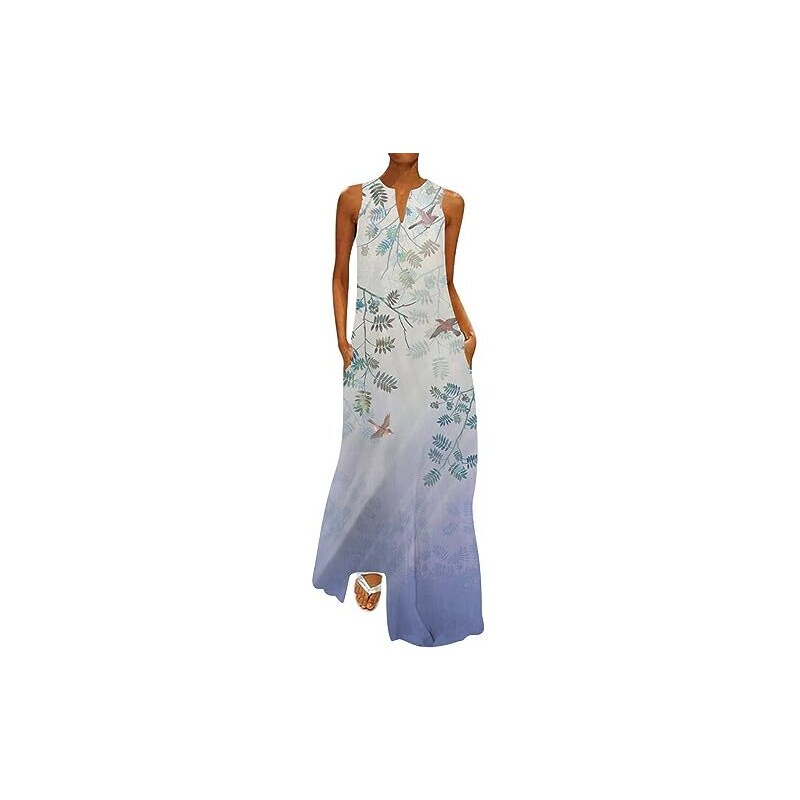 Abito Lungo Donna Stampa Floreale Senza Maniche - Scollo A V, Vestito Estivo Elegante Per Spiaggia E Vacanze - Foto 4