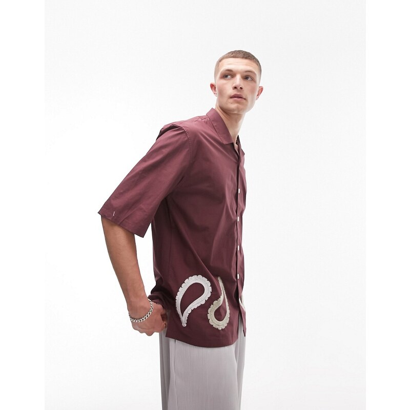 Topman - Camicia a maniche corte vestibilità classica viola con pannello a contrasto con motivo cachemire