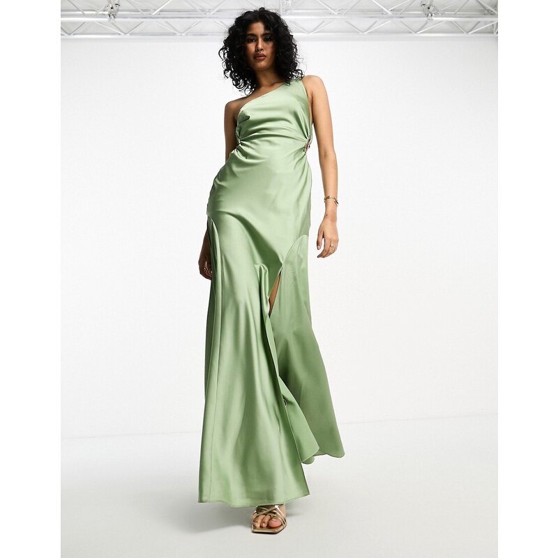 ASOS DESIGN - Vestito lungo monospalla in raso verde salvia con dettaglio in vita