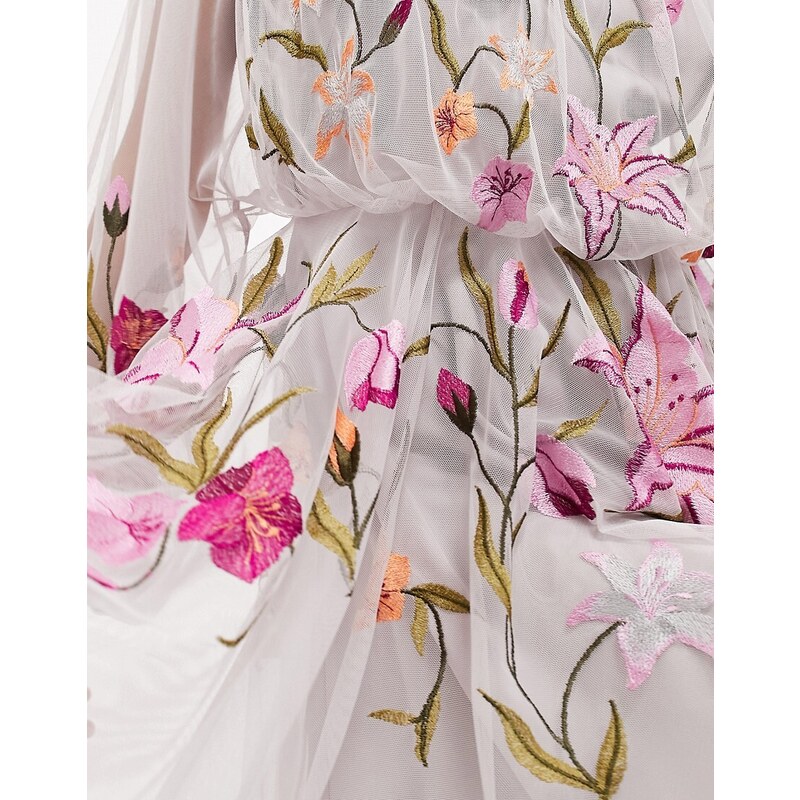ASOS EDITION - Vestito corto a maniche lunghe in rete color cipria con ricamo floreale-Rosa