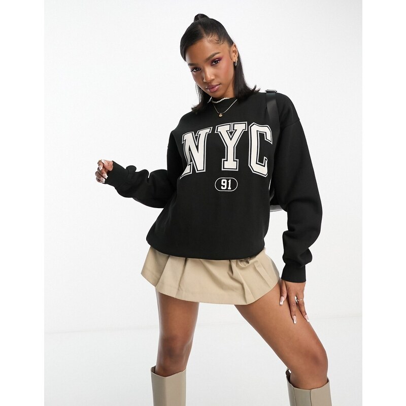 Pull&Bear - Felpa oversize nera stile college con logo "NYC"-Nero