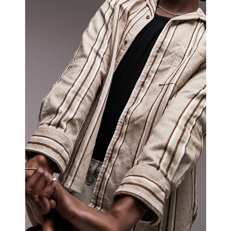 Topman - Camicia a maniche lunghe comoda in velluto a coste color pietra a righe-Neutro