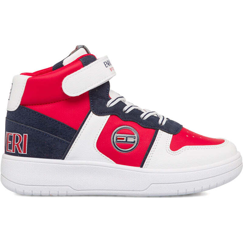 Sneakers alte bianche, rosse e blu da bambino con logo laterale Enrico Coveri