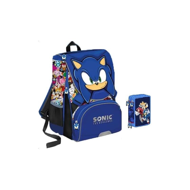PRESTIGE & DELUXE Zaino Scuola Estensibile Sonic Face faccia + astuccio 3 piani completo + omaggio orologio digitale Sonic con set scrittura e penna colorata