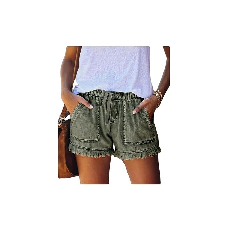 Pantaloncini In Denim Donna A Vita Alta, Elasticizzati, Strappati, Con Tasche Multiple, Colore Azzurro, Per Estate - 4