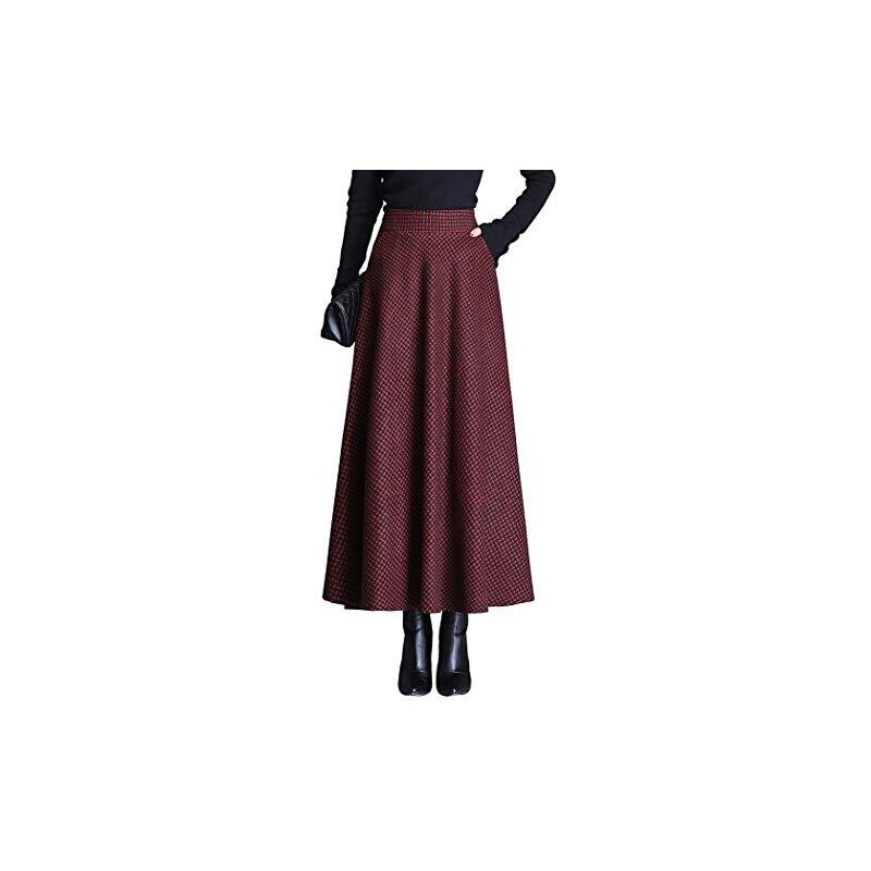 Ylingjun Gonna Lunga in Lana Scozzese per Donna Inverno Autunno Caldo Alto Elastico in Vita Una Linea Svasata Plissettata in Lana Tartan gonne, Marrone Nuovo, XS