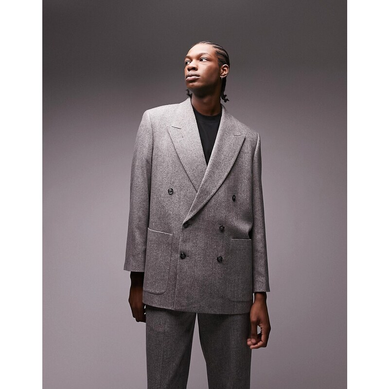 Topman - Edizione limitata - Blazer oversize premium squadrato in misto lana grigio a spina di pesce